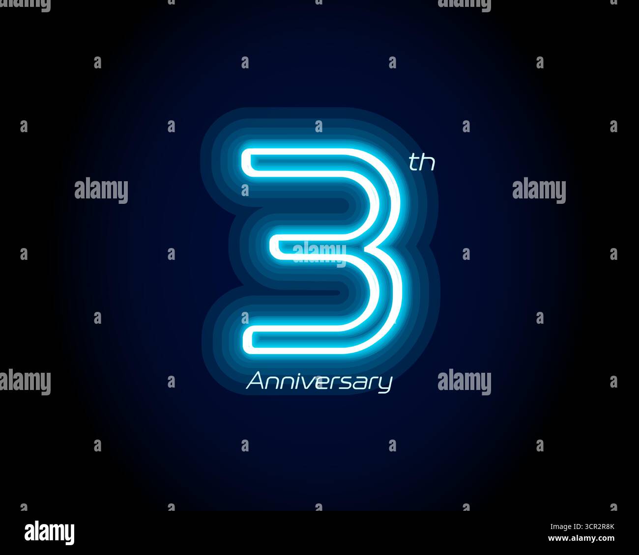 Numéro de néon bleu troisième années, logo 3 anniversaire sur fond noir. Signe de jubilé lumineux brillant pour emblème de célébration de la partie d'événement cyber, numérique Illustration de Vecteur