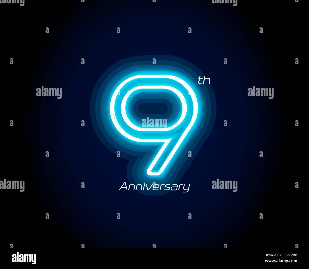 Numéro de néon bleu neuvième années, logo du 9ème anniversaire sur fond noir. Signe de jubilé lumineux brillant pour emblème de célébration de la partie d'événement cyber Illustration de Vecteur