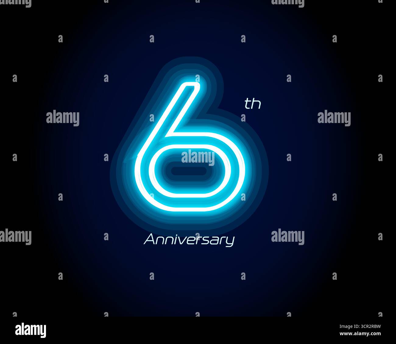 Néon bleu numéro sixième années, logo 6ème anniversaire sur fond noir. Signe de jubilé lumineux brillant pour emblème de célébration de la partie d'événement cyber Illustration de Vecteur