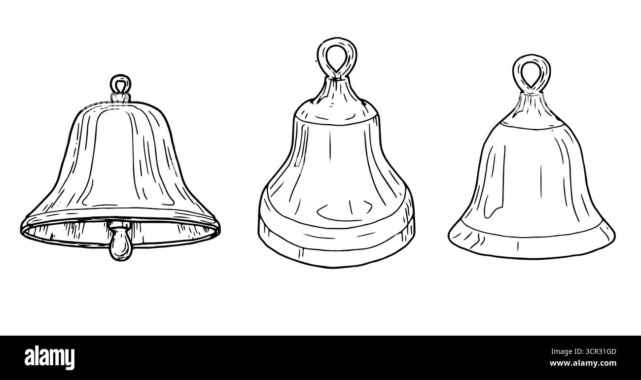 Cloches, un ensemble de silhouettes, esquisse. Illustration vectorielle. Décoration traditionnelle, isolée sur fond blanc. Pour cartes postales, invitations, nouvel an Illustration de Vecteur