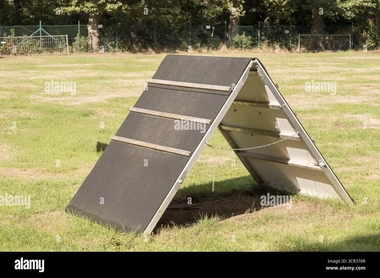 Borken, NRW, Allemagne, rampe de marche à chiens à cadre En A se dresse sur un terrain d'herbe au centre d'entraînement canin Banque D'Images