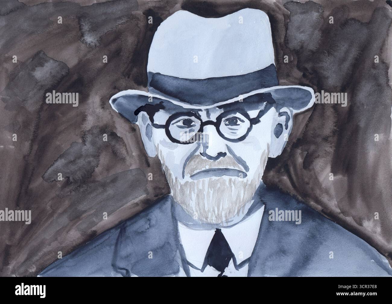 Portrait aquarelle monochrome de Sigmund Freud peint dans des tons gris-bleu. L’œuvre transmet profondeur et réflexion, alliant simplicité et expres Banque D'Images