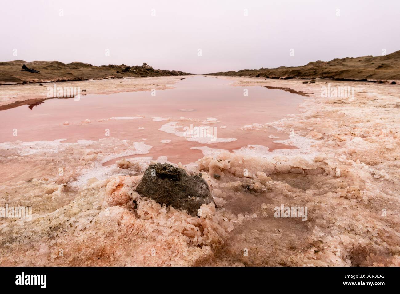 Salines roses avec de l'eau riche en minéraux dans Sandwich Harbour, parc national Namib-Naukluft, Namibie. Paysage désertique accidenté avec des couleurs et tex uniques Banque D'Images