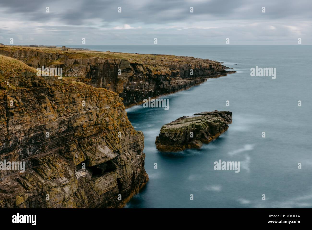 Une scène côtière spectaculaire à Wimblars' Rock à Wick, Caithness, mettant en valeur la puissante géologie de la côte écossaise des Highlands Banque D'Images