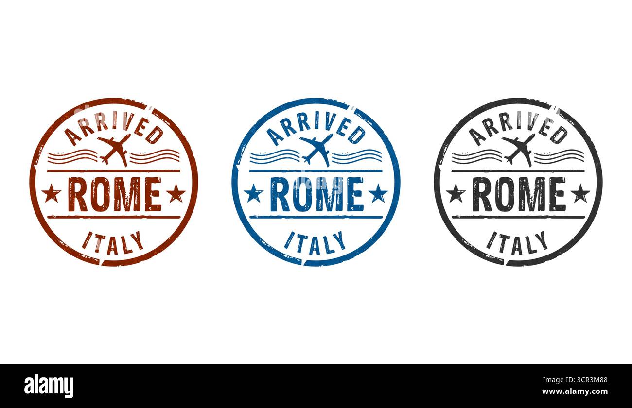 Rome est arrivé icônes de timbres dans quelques versions de couleur. Italie concept d'arrivée de vol illustration de rendu 3D. Banque D'Images