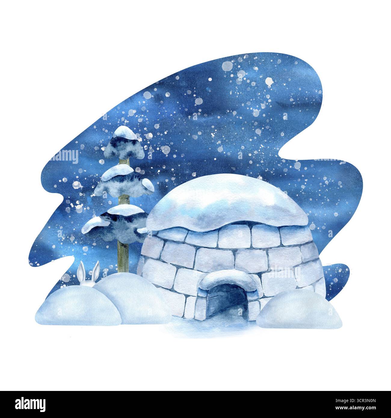 Aquarelle paysage de nuit d'hiver avec igloo, déneigement, oreilles de lapin et épicéa. Paysage de neige, chutes de neige, maison de glace Inuit. Pour la conception de livres pour enfants Banque D'Images