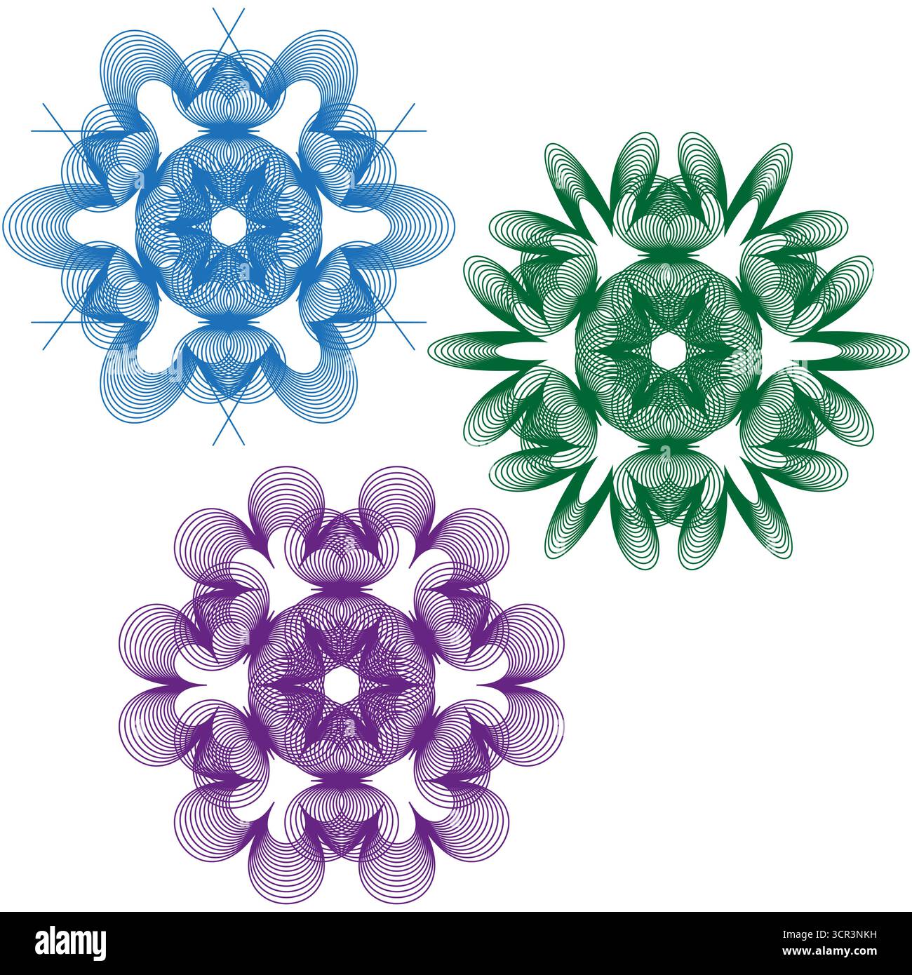 Répétitions symétriques abstraites. Formes filaires colorées. Ornements géométriques vectoriels. Design mandala radial. SPE 10. Illustration de Vecteur
