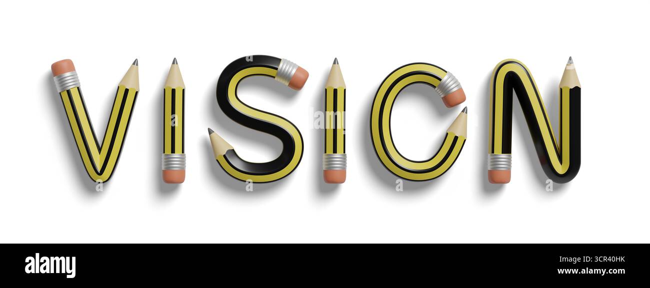 Le mot « Vision » écrit avec des crayons isolés sur fond blanc. Illustration 3D. Banque D'Images