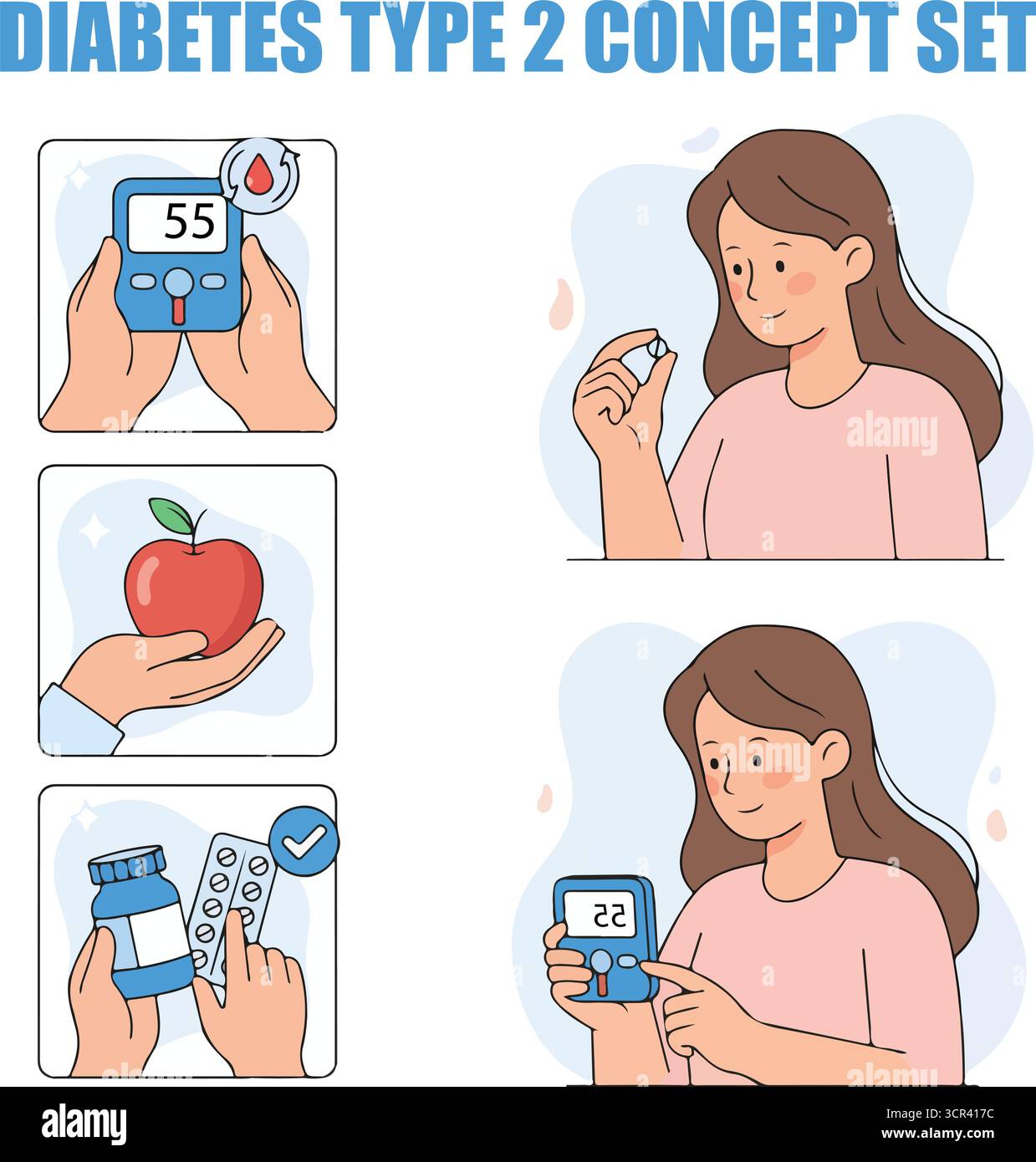 Illustration vectorielle de la femme gérant le diabète de type 2 : vérification de la glycémie, régime alimentaire et médicaments Illustration de Vecteur
