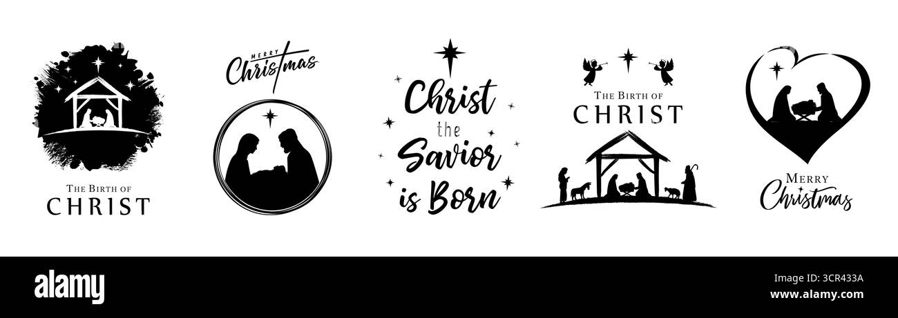 La naissance du Christ et joyeux Noël ensemble de nativité créative. Design créatif pour carte de voeux de la Nativité ou couverture de calendrier. Illustration vectorielle Illustration de Vecteur