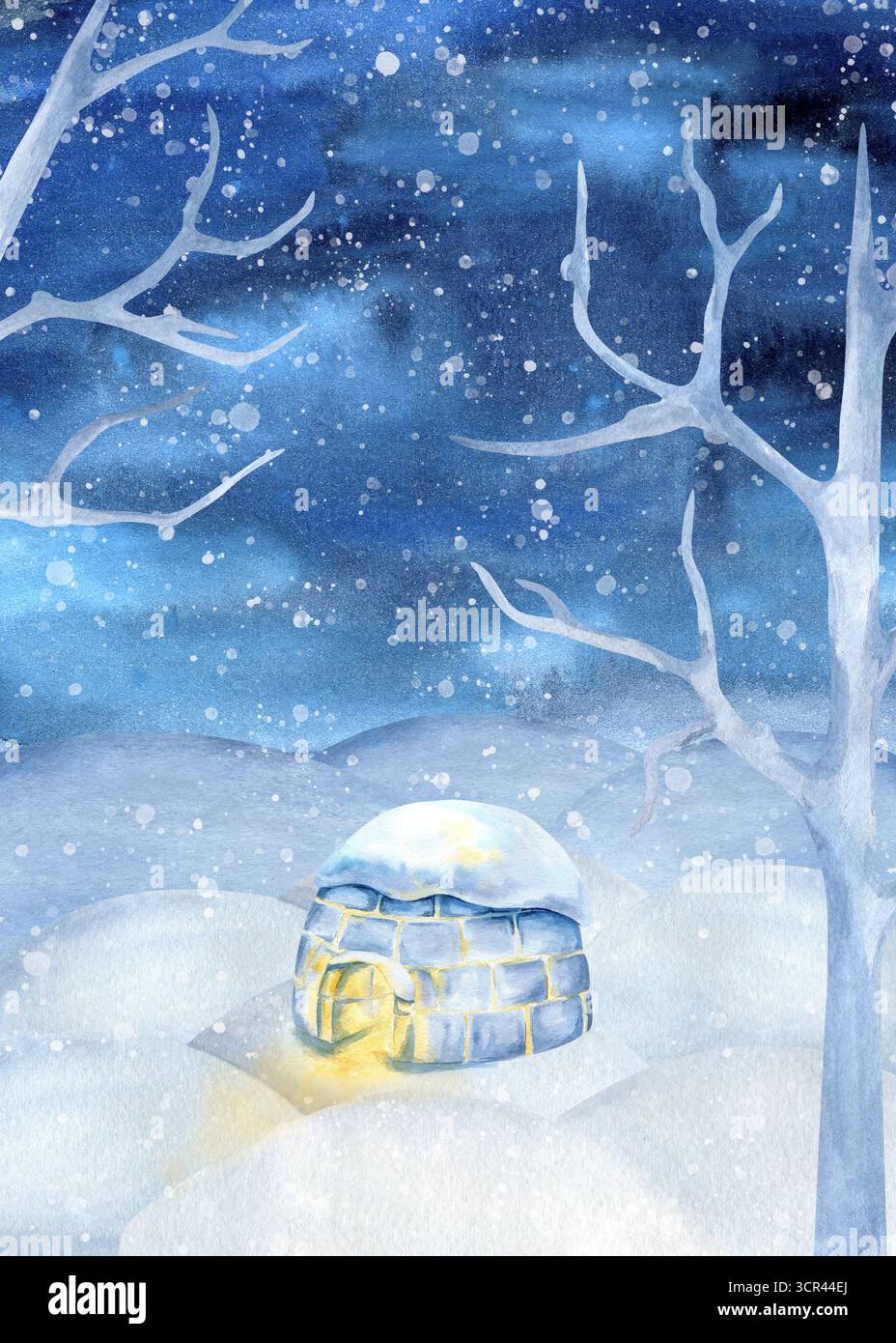 Aquarelle paysage d'hiver igloo et neige sur le dessus. Neige, ciel nocturne, chute de neige, silhouette d'arbre. Maison de glace inuite illuminée. Paysage enneigé pour Banque D'Images