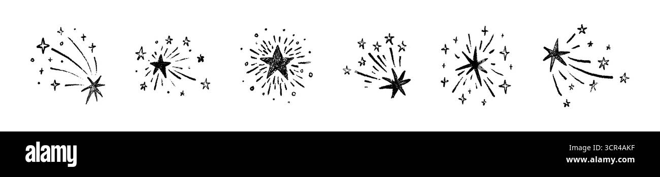 Ensemble d'étoiles grunge de crayon dessinées à la main. Dessin au trait avec texture pinceau. Croquis à la craie pour enfants sur le tableau noir. Pastel, crayon, gribouillettes au fusain. Illustration de Vecteur