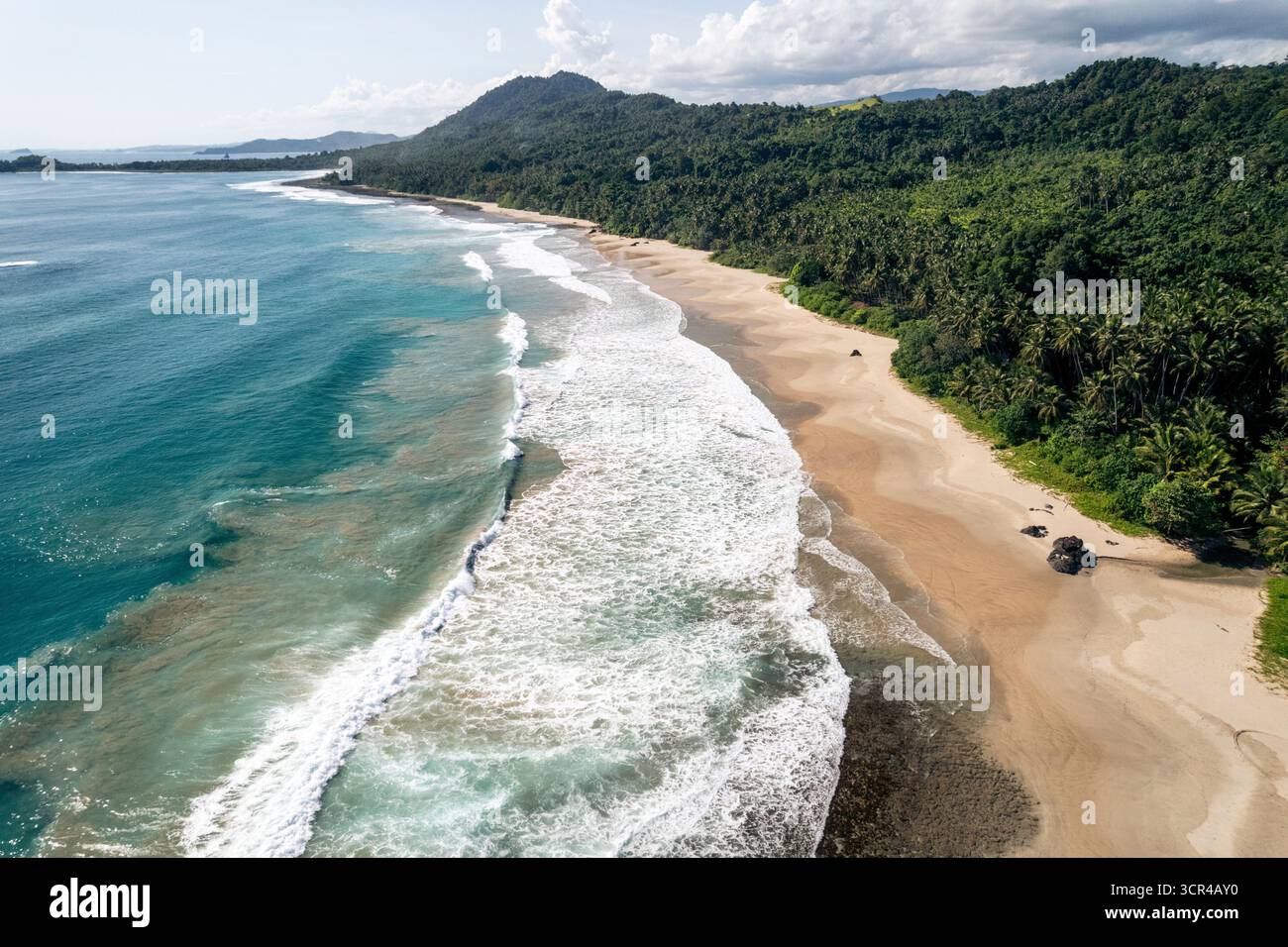 Vue aérienne d'une côte tropicale luxuriante avec des vagues qui s'écrasent sur une plage de sable. Nias du Sud, Sumatra du Nord, Indonésie Banque D'Images Vue aérienne d'une côte tropicale luxuriante avec des vagues qui s'écrasent sur une plage de sable. Nias du Sud, Sumatra du Nord, Indonésie Banque D'Images