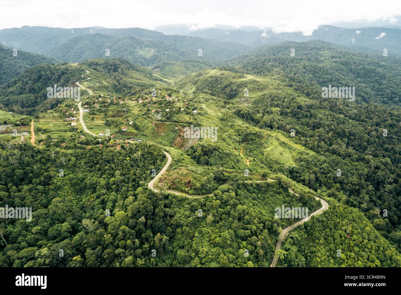 Vue aérienne des routes sinueuses dans la jungle de la régence de Nagan Raya, à Aceh, Sumatra, Indonésie Banque D'Images Vue aérienne des routes sinueuses dans la jungle de la régence de Nagan Raya, à Aceh, Sumatra, Indonésie Banque D'Images