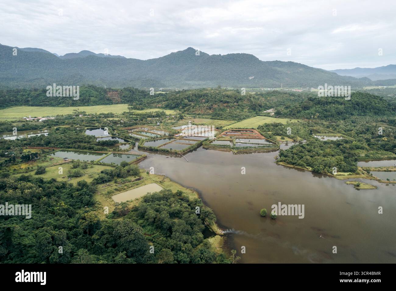 Vue aérienne du paysage côtier luxuriant avec rivière sinueuse et montagnes lointaines. Régence d'Aceh Jaya, Aceh, Sumatra, Indonésie Banque D'Images Vue aérienne du paysage côtier luxuriant avec rivière sinueuse et montagnes lointaines. Régence d'Aceh Jaya, Aceh, Sumatra, Indonésie Banque D'Images