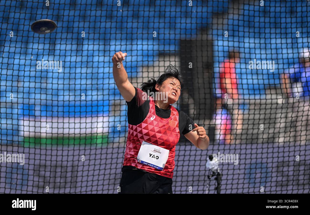 New Delhi, Inde. 29 septembre 2025. Yao Juan de Chine participe à la finale féminine de lancer de disque F44 aux Championnats du monde de para-athlétisme 2025 à New Delhi, Inde, le 29 septembre 2025. Crédit : Javede Dar/Xinhua/Alamy Live News Banque D'Images