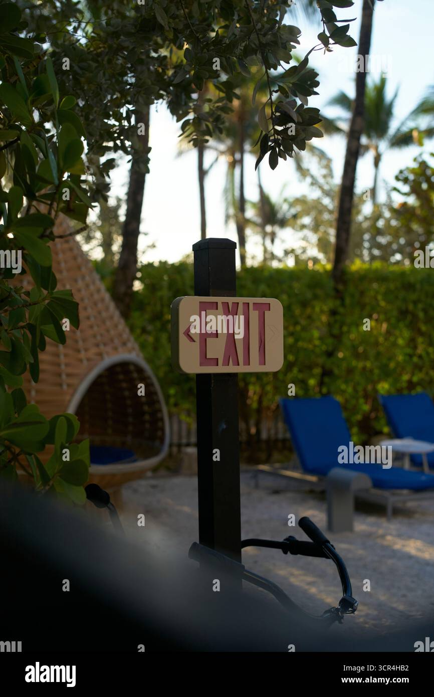 Panneau de sortie au milieu d'un cadre tropical extérieur avec chaises longues et palmiers. Miami, Floride, États-Unis Banque D'Images