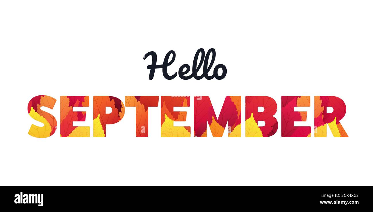 Coloré Hello September bannière, Design créatif, typographie avec des feuilles rouges et dorées tombées nom du mois à motif en lettres gras - Multi Purpose te Illustration de Vecteur