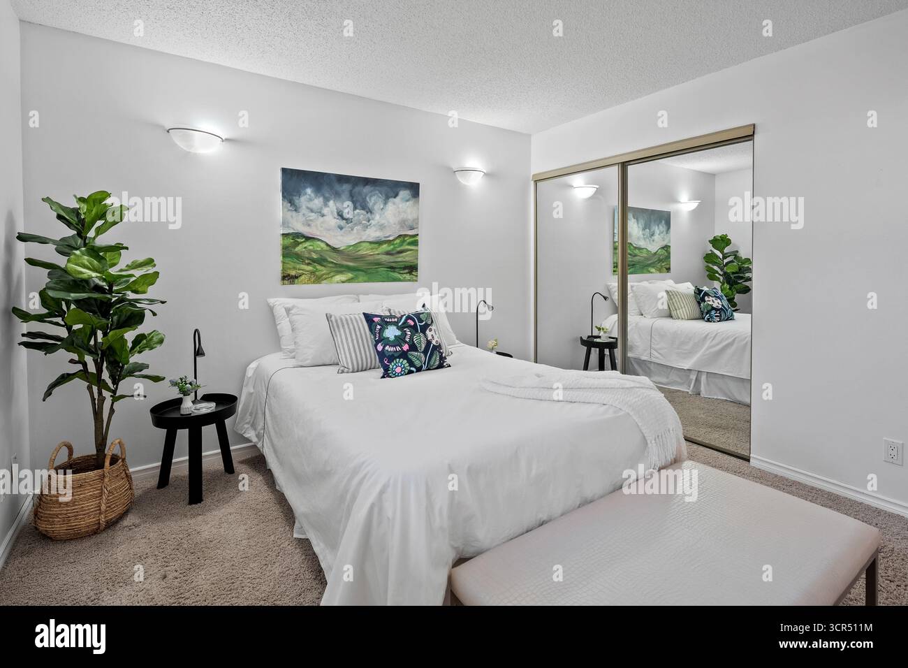 Chambre avec un lit blanc, une commode blanche et un miroir blanc. La chambre est décorée avec une plante verte et une peinture sur le mur. L'humeur du ro Banque D'Images