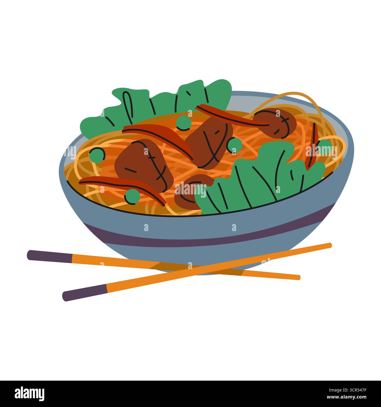 Nouilles chinoises Chow mein ou plats asiatiques sautés. Plat de porcelaine de vecteur avec des légumes ou repas d'Asie avec sauce. Cuisine épicée de rue avec baguettes. Icône culinaire et culinaire. Affiche de recette et de menu. Illustration de Vecteur