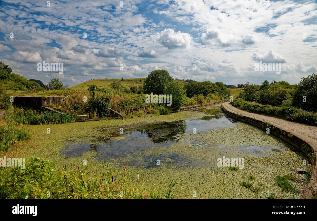 Bassin du canal désaffecté au bas de l'escalier de l'écluse abandonnée avec le canal menant à l'aqueduc Prestolee, Bolton, Greater Manchester. Banque D'Images