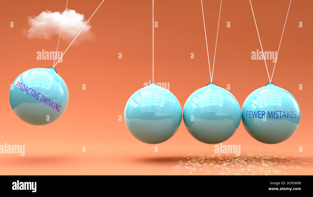 La pensée proactive produit moins d'erreurs. Une métaphore du berceau de Newton dans laquelle la pensée proactive donne de l'élan à moins d'erreurs. Cause et effet Re Banque D'Images