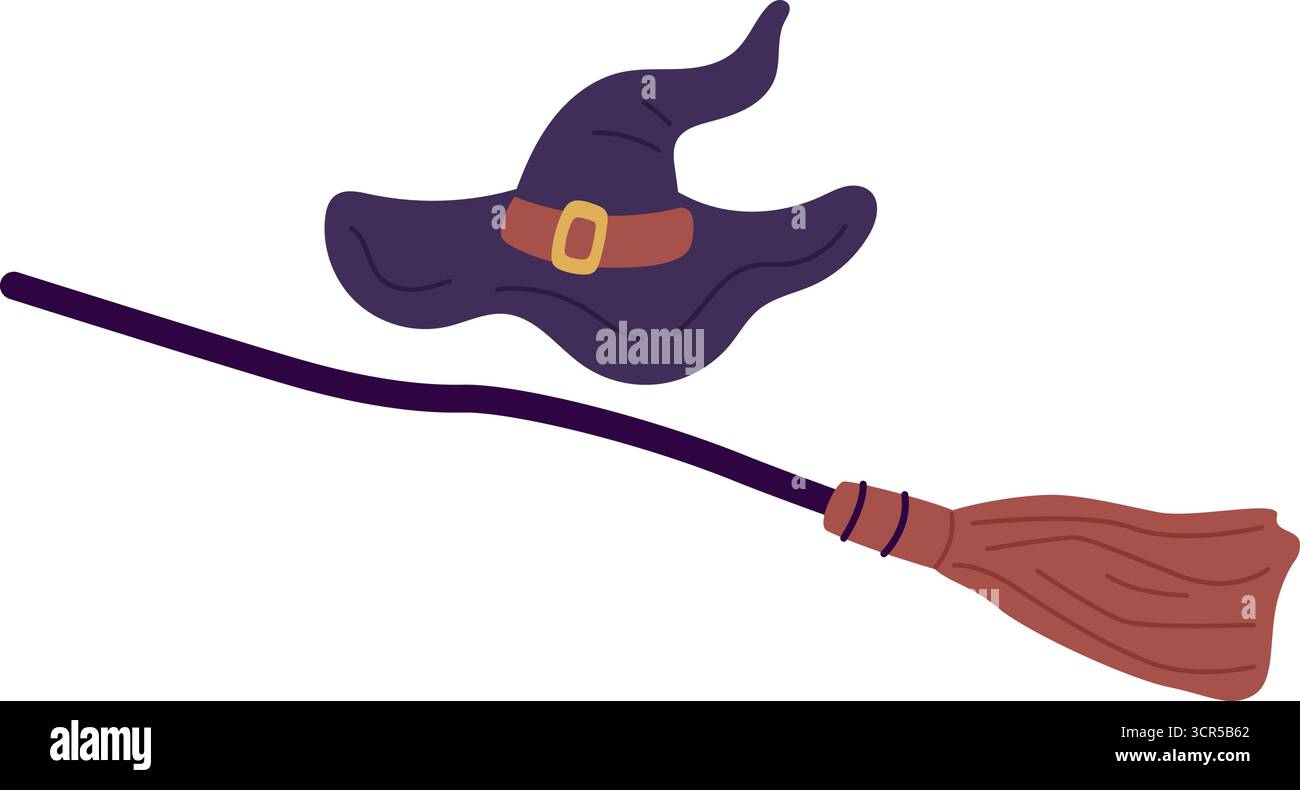 Des trucs de sorcière. Chapeau mèche conique et balai avec manche en bois. Éléments d'Halloween. Brosse de sorcellerie. Balai Trick pour le vol des sorcières. Tissu magicien Illustration de Vecteur