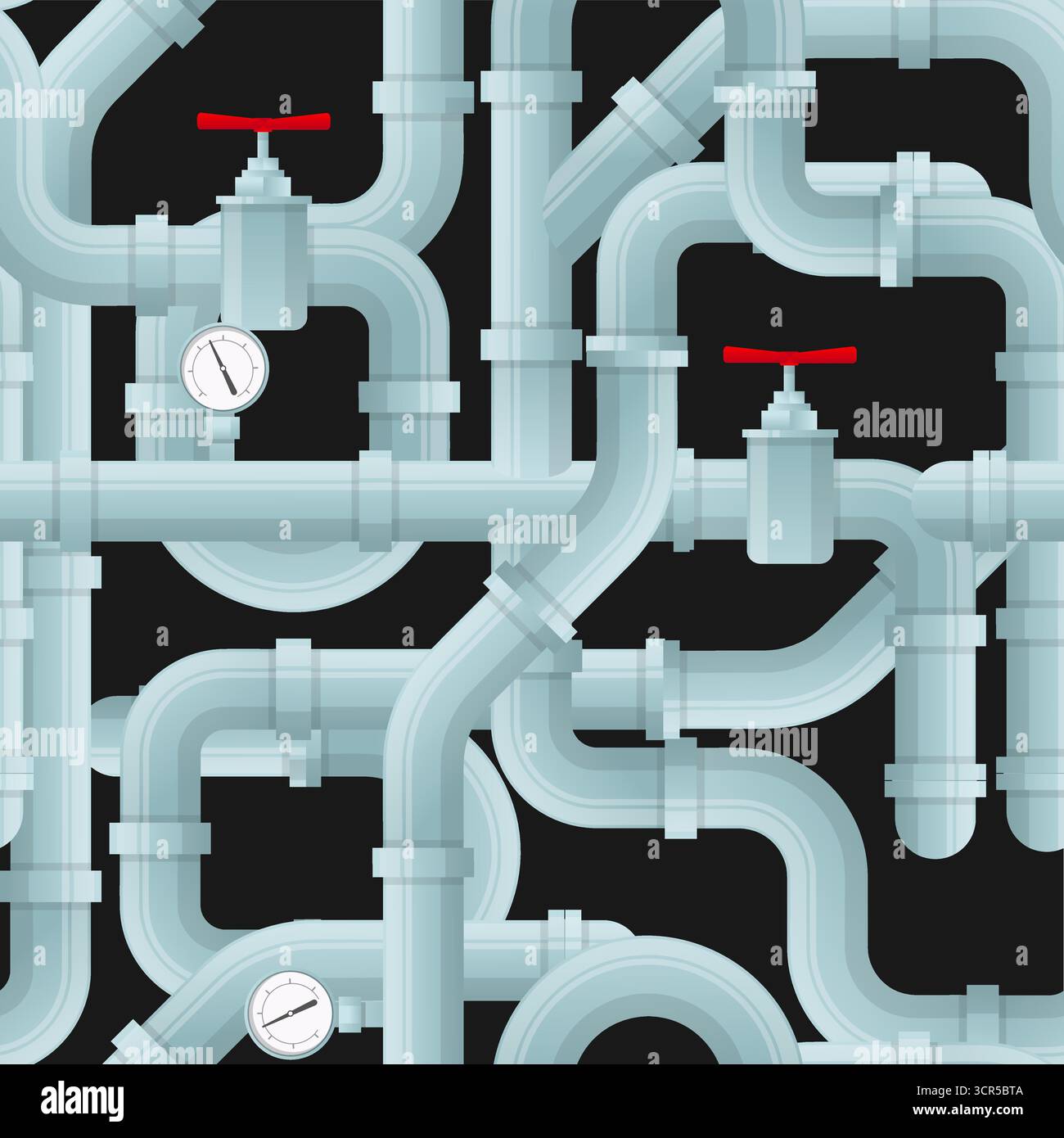 Tuyaux en métal de l'eau avec vannes, robinets et manomètres. Structure sans couture pour pipeline. Constructions de tubes courbes. Impression répétée. Réparation d'égouts. Inter Illustration de Vecteur