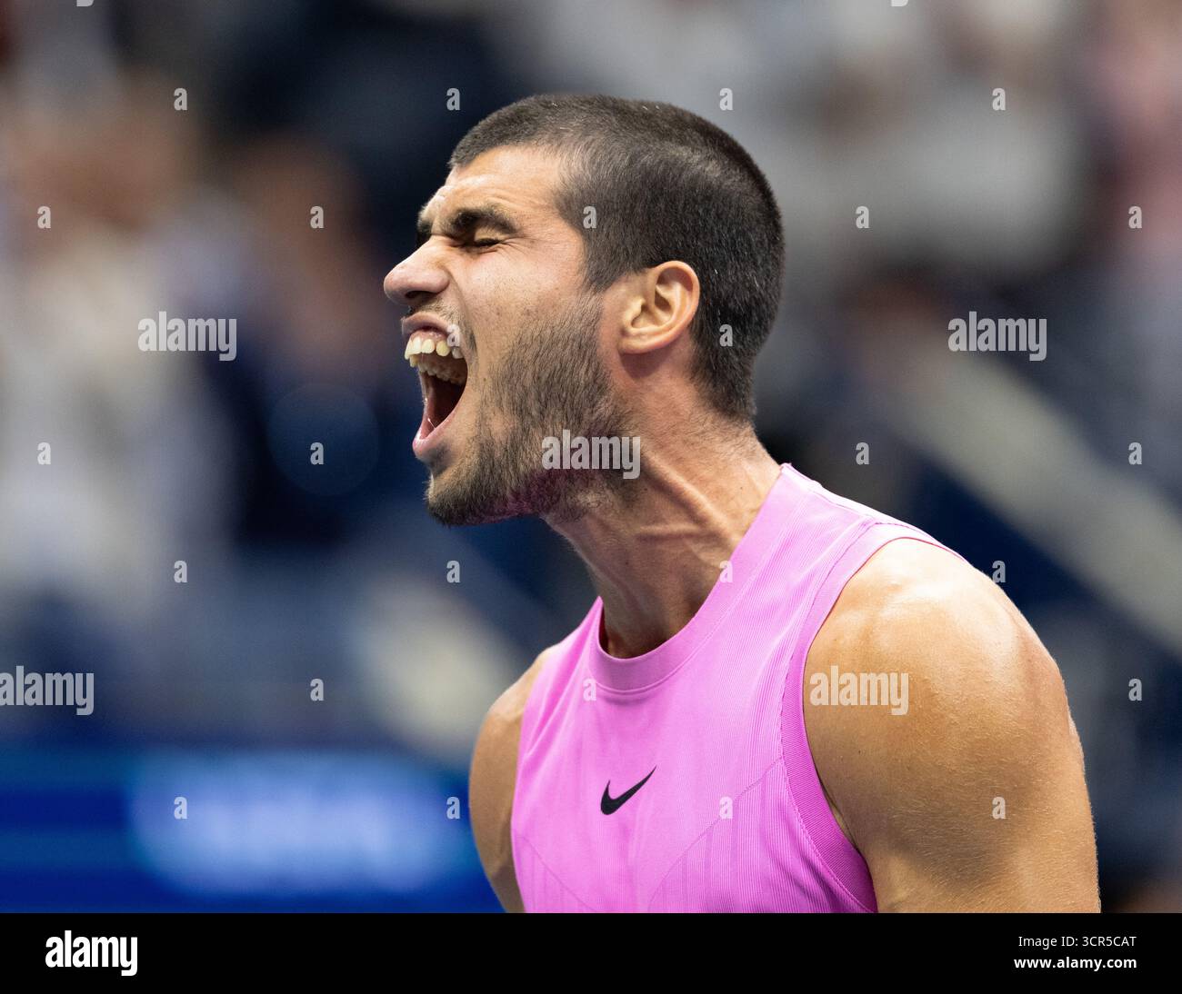 Le joueur de tennis espagnol Carlos Alcaraz (ESP) célèbre, lors des US Open Championships 2025, USTA Billie Jean King National Tennis Center, Flushing Mead Banque D'Images