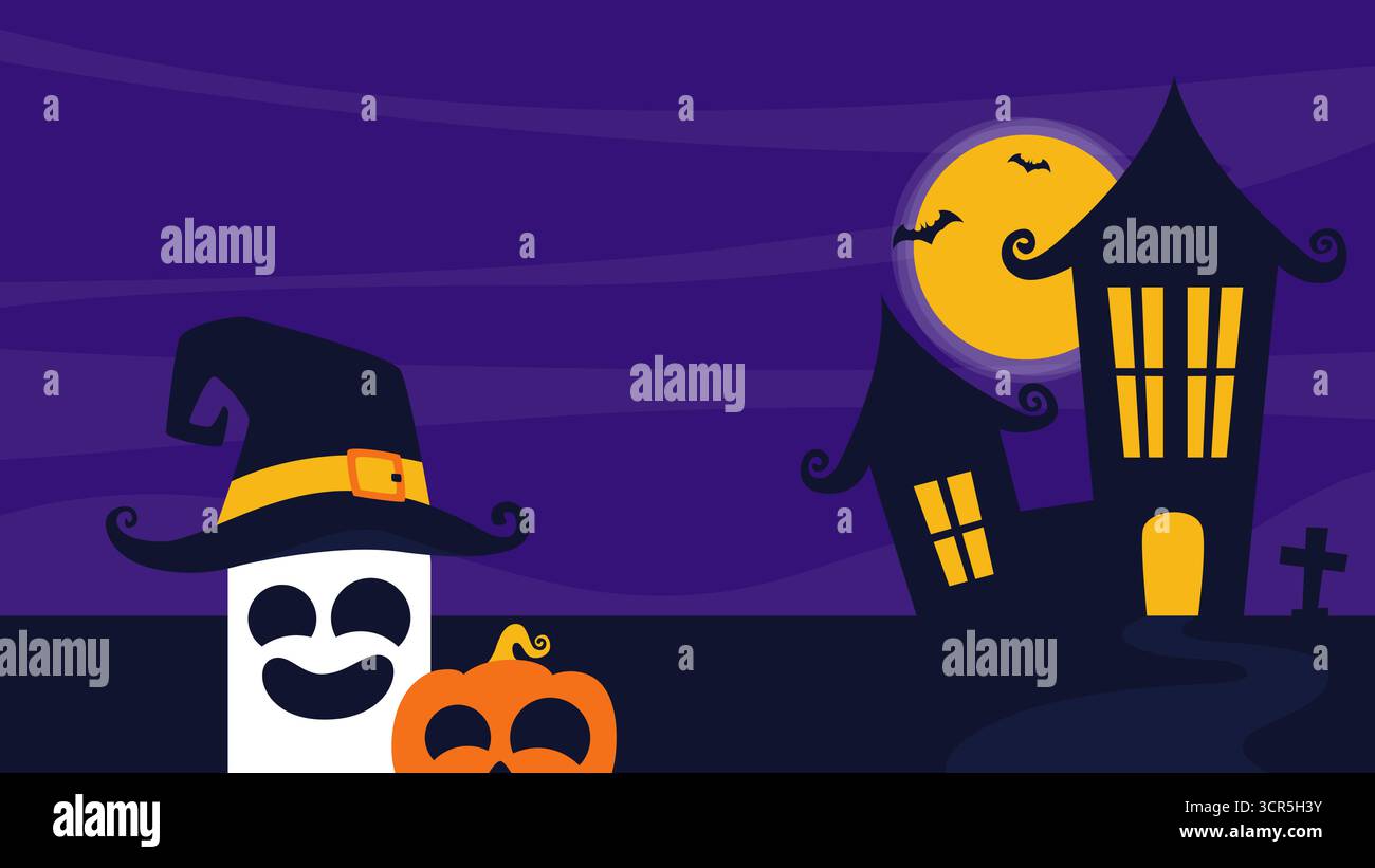 Paysage de silhouette de minuit avec maison hantée et pleine lune. Fantôme d'Halloween et citrouille sur silhouette avec ciel nocturne violet. Illustration de Vecteur