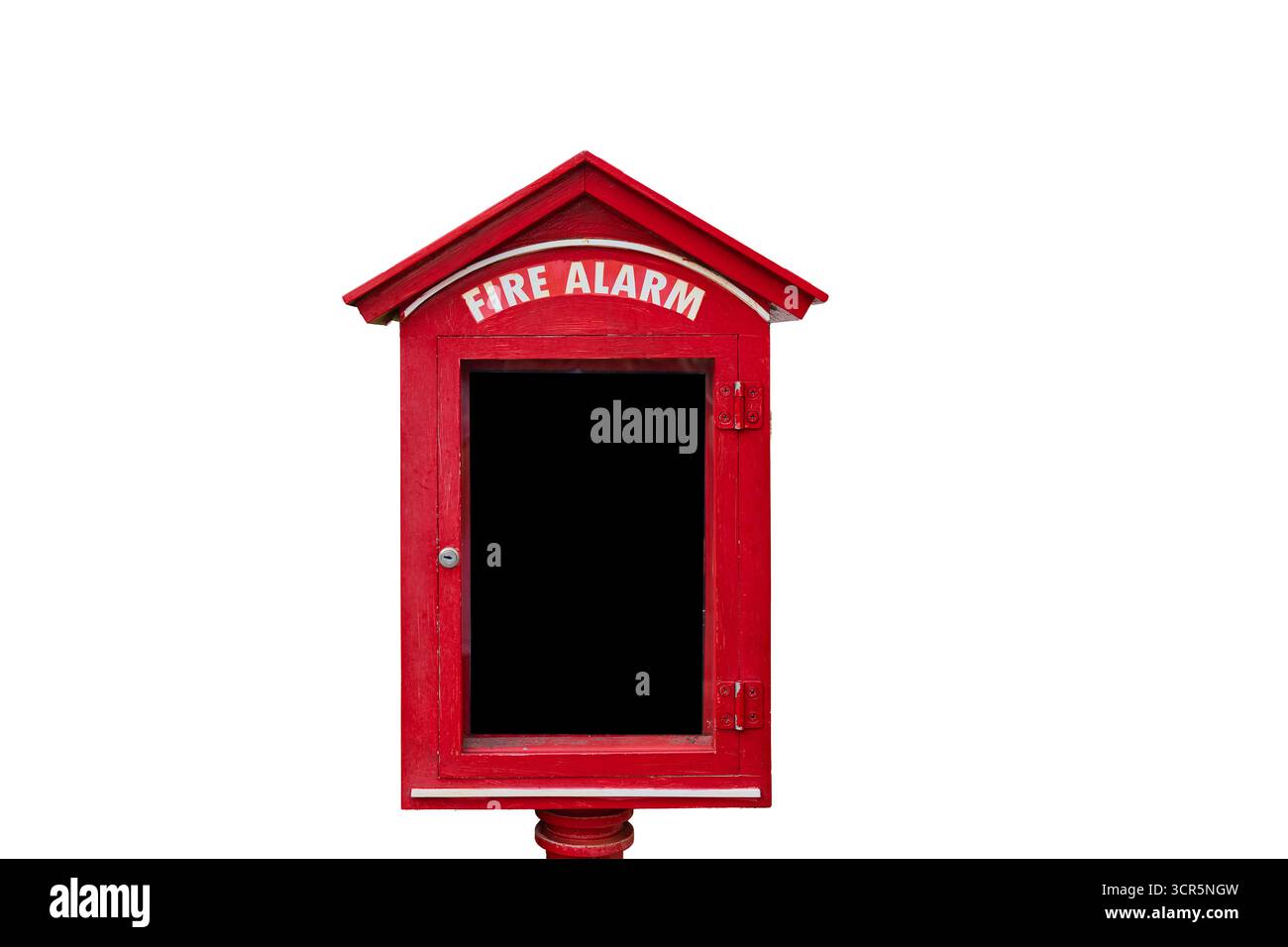 Boîte d'alarme incendie rouge avec un espace central noir pour l'écriture, isolé sur un fond blanc. Banque D'Images