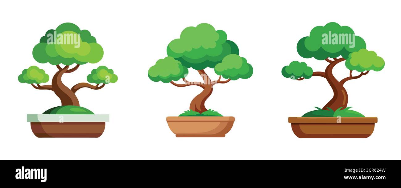 Un groupe de trois bonsaï stylisés dans différents pots Illustration de Vecteur