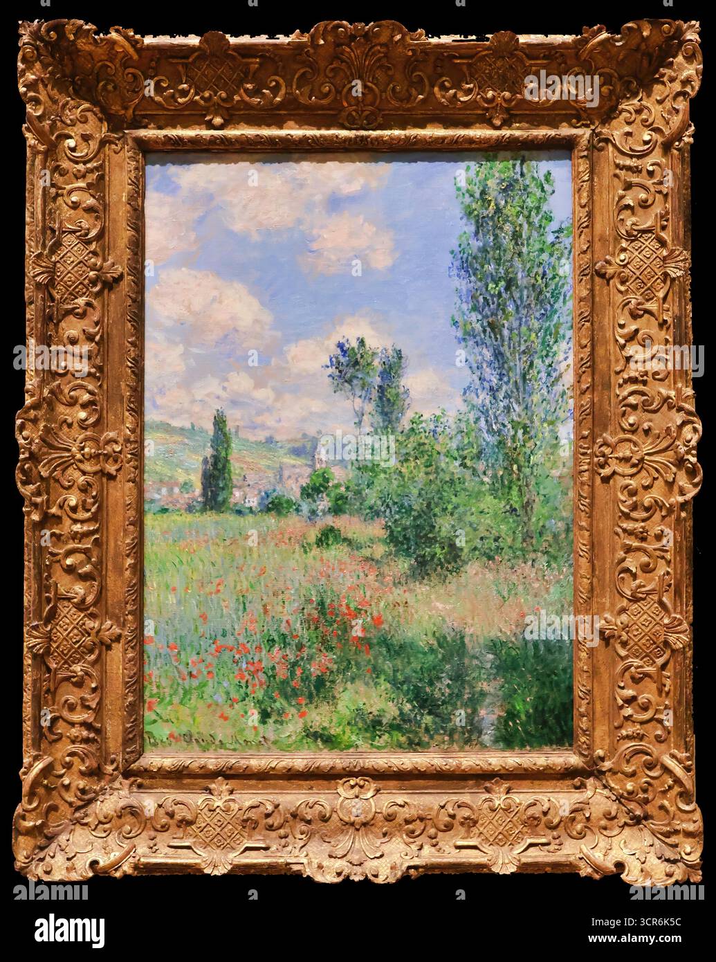 Claude Monet, vue de Vétheuil (vue de Vétheuil), 1880 — tour d’église sur des champs de coquelicots depuis une île de la Seine. Illustration de Vecteur