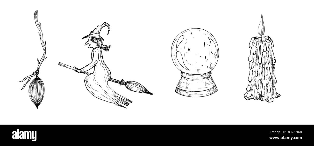 Vecteur set avec bougie, sorcière volant sur un chapeau de sorcière balai, boule de cristal pour prédire le destin. Illustration linéaire peinte à la main de deviner pour le Illustration de Vecteur