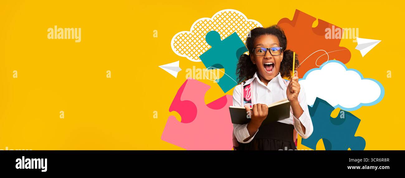Collage de l'enfant d'école excité s'engageant dans des activités d'apprentissage créatif Banque D'Images