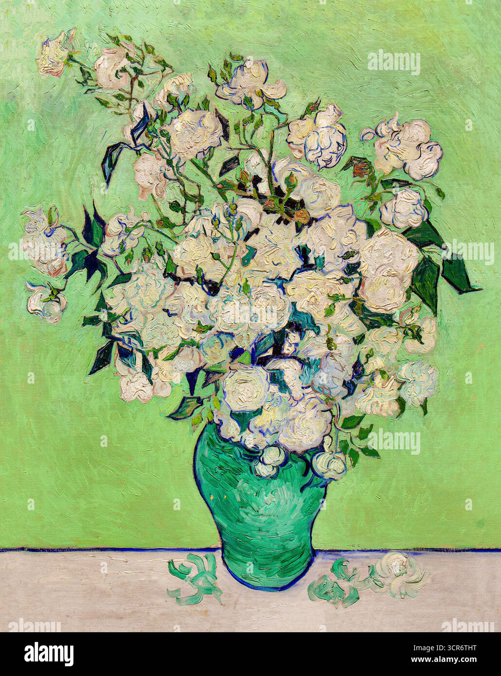 Vincent van Gogh, vase of Roses (Roses), 1890, grand bouquet peint à Saint‑Rémy avec des fleurs roses à l’origine sur un sol vert printemps. Illustration de Vecteur