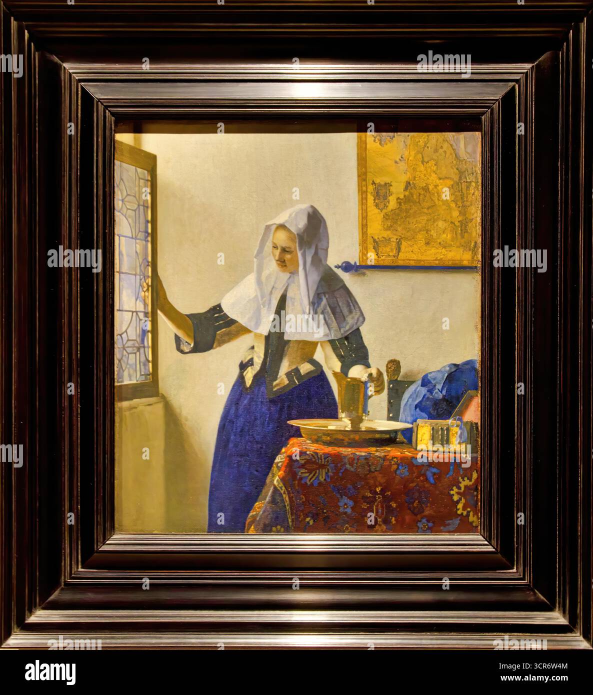 Johannes Vermeer, jeune femme avec un pichet à eau, c. 1662 — femme à une fenêtre ouverte avec pichet et bassin en argent doré. Illustration de Vecteur