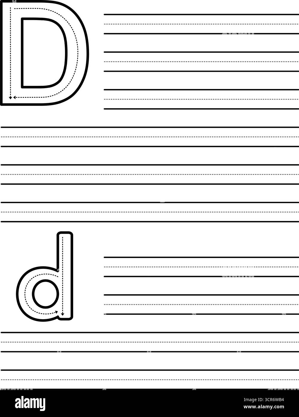 Feuille de traçage pour apprendre à écrire la lettre majuscule et minuscule D. feuille de travail pour les étudiants pratiquant l'alphabet. Coussin d'exercice avec lignes de guidage pointillées Illustration de Vecteur