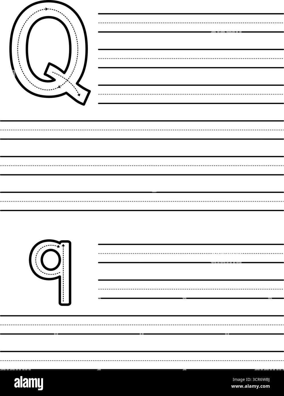 Feuille de traçage pour apprendre à écrire la lettre majuscule et minuscule Q. feuille de travail pour les étudiants pratiquant l'alphabet. Coussin d'exercice avec lignes de guidage pointillées Illustration de Vecteur
