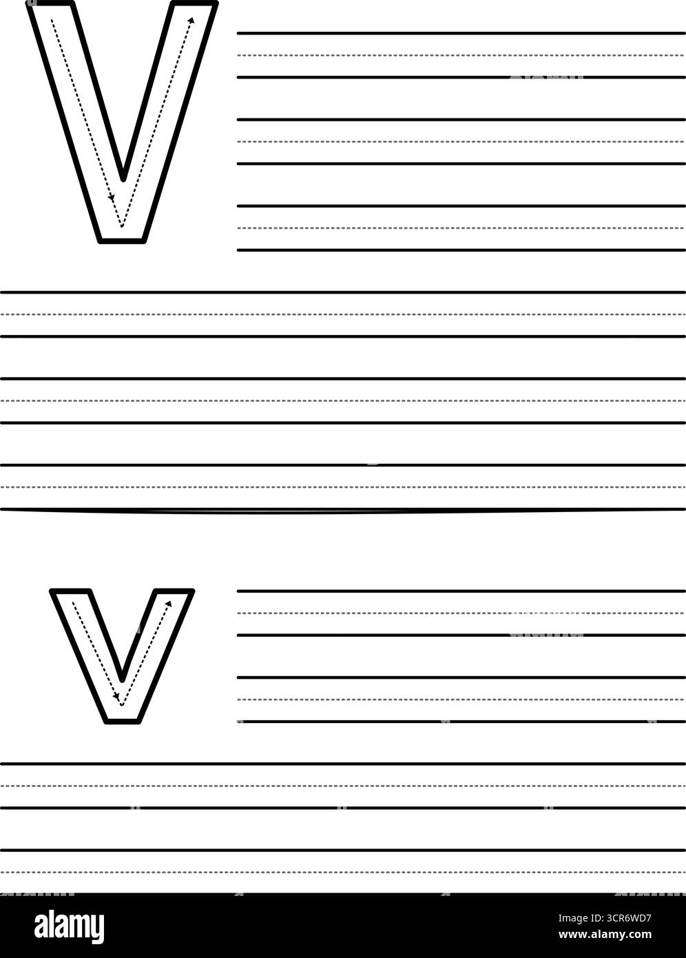 Feuille de traçage pour apprendre à écrire la lettre majuscule et minuscule V. feuille de travail pour les étudiants pratiquant l'alphabet. Coussin d'exercice avec lignes de guidage pointillées Illustration de Vecteur