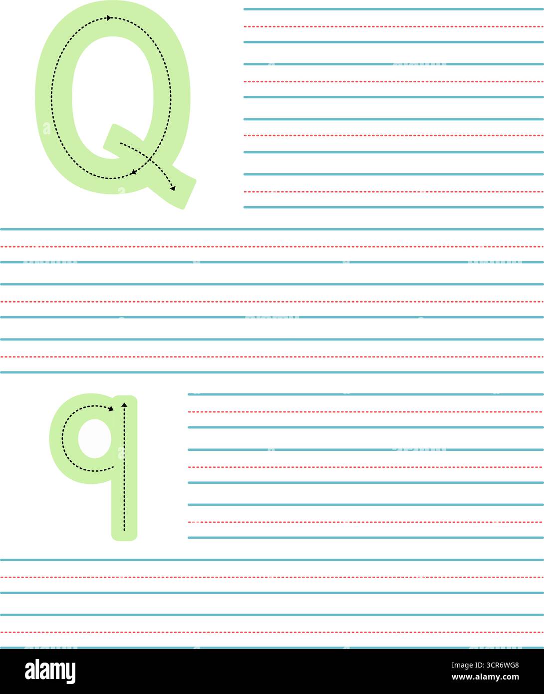 Feuille de travail de traçage colorée pour apprendre à écrire la lettre majuscule et minuscule Q. activité éducative avec des lignes directrices pour la pratique de l'alphabet Illustration de Vecteur