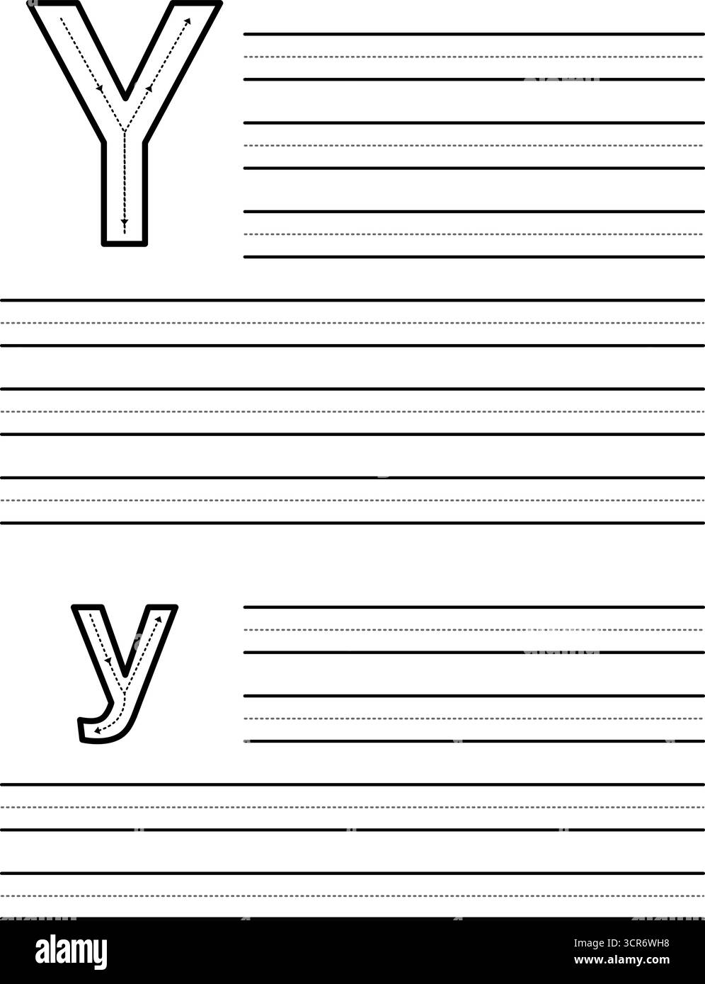 Feuille de traçage pour apprendre à écrire la lettre majuscule et minuscule Y. feuille de travail pour les étudiants pratiquant l'alphabet. Coussin d'exercice avec lignes de guidage pointillées Illustration de Vecteur