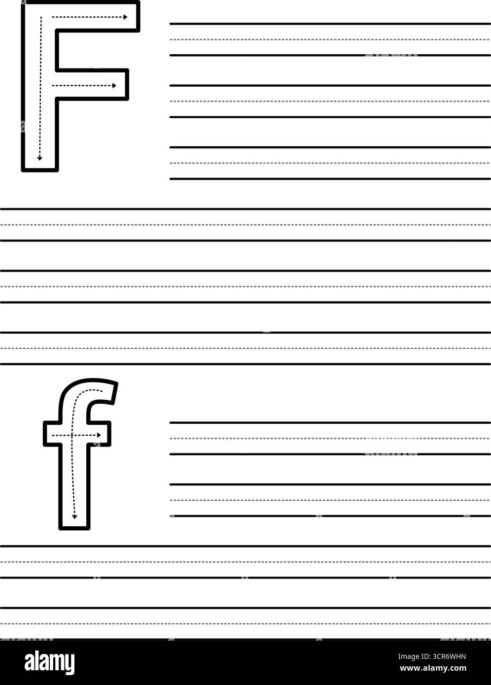 Feuille de traçage pour apprendre à écrire la lettre majuscule et minuscule F. feuille de travail pour les étudiants pratiquant l'alphabet. Coussin d'exercice avec lignes de guidage pointillées Illustration de Vecteur