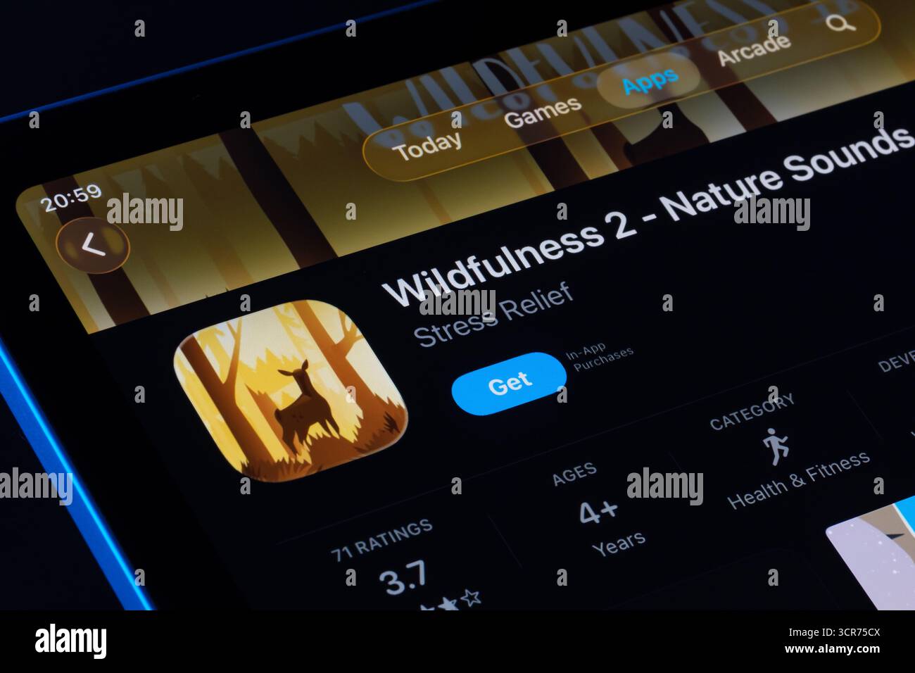 Wildfulness 2 nature Sounds écran du produit sur iPad, Apple Liquid Glass design sous iOS 26 avec icône et notes mises à jour. Stafford, Royaume-Uni, se Banque D'Images