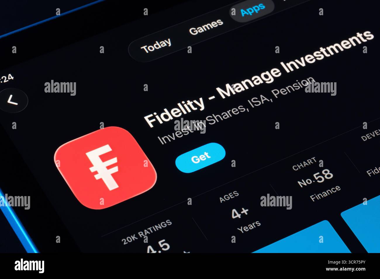 Écran de produit Fidelity Manage Investments sur iPad, Apple Liquid Glass design sous iOS 26 avec icône et notes mises à jour. Stafford, Royaume-Uni, se Banque D'Images