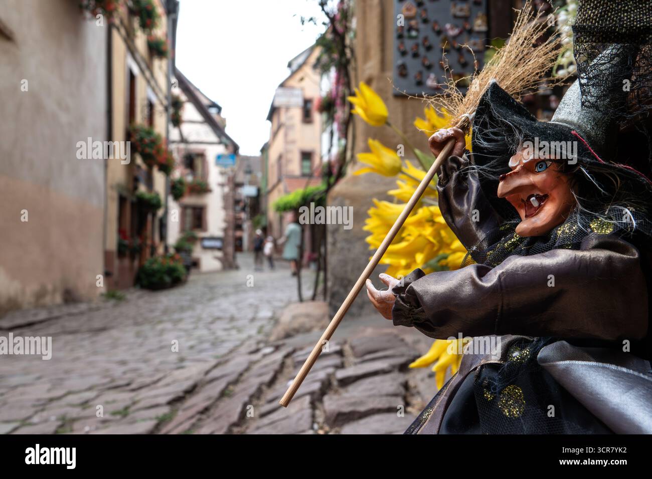 Riquewihr est une ville médiévale sur la route des vins d'Alsace dans l'est de la France. Ses rues pavées sont parsemées de boutiques à colombages prisées des touristes. Banque D'Images
