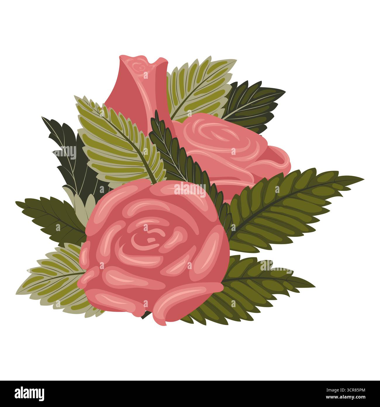 Un arrangement de roses roses poussiéreuses délicates, crémeuses, de bourgeons et de feuilles. Illustration vectorielle sur un fond blanc. Illustration de Vecteur Un arrangement de roses roses poussiéreuses délicates, crémeuses, de bourgeons et de feuilles. Illustration vectorielle sur un fond blanc. Illustration de Vecteur