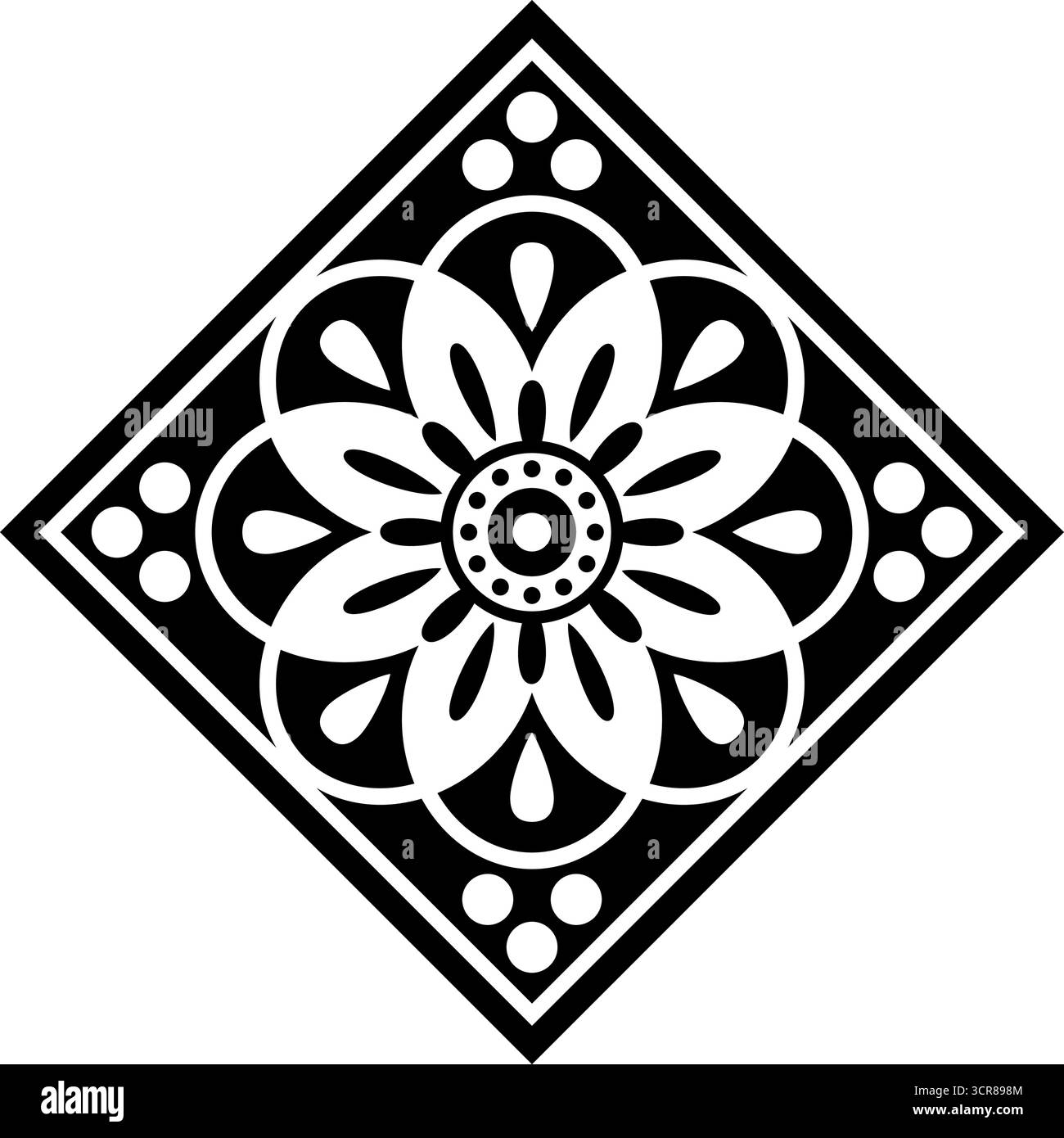 Fleur folklorique stylisée en noir et blanc, élément de conception florale décorative, illustration vectorielle, style mandala, disposition symétrique et contraste audacieux, déco Illustration de Vecteur