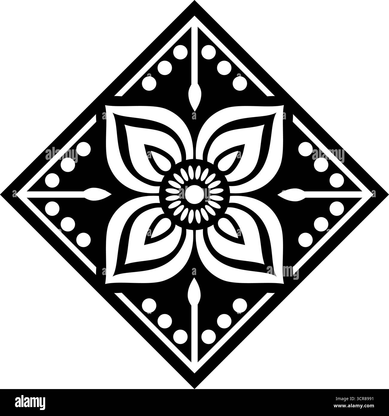 Fleur folklorique stylisée en noir et blanc, élément de conception florale décorative, illustration vectorielle, style mandala, disposition symétrique et contraste audacieux, déco Illustration de Vecteur