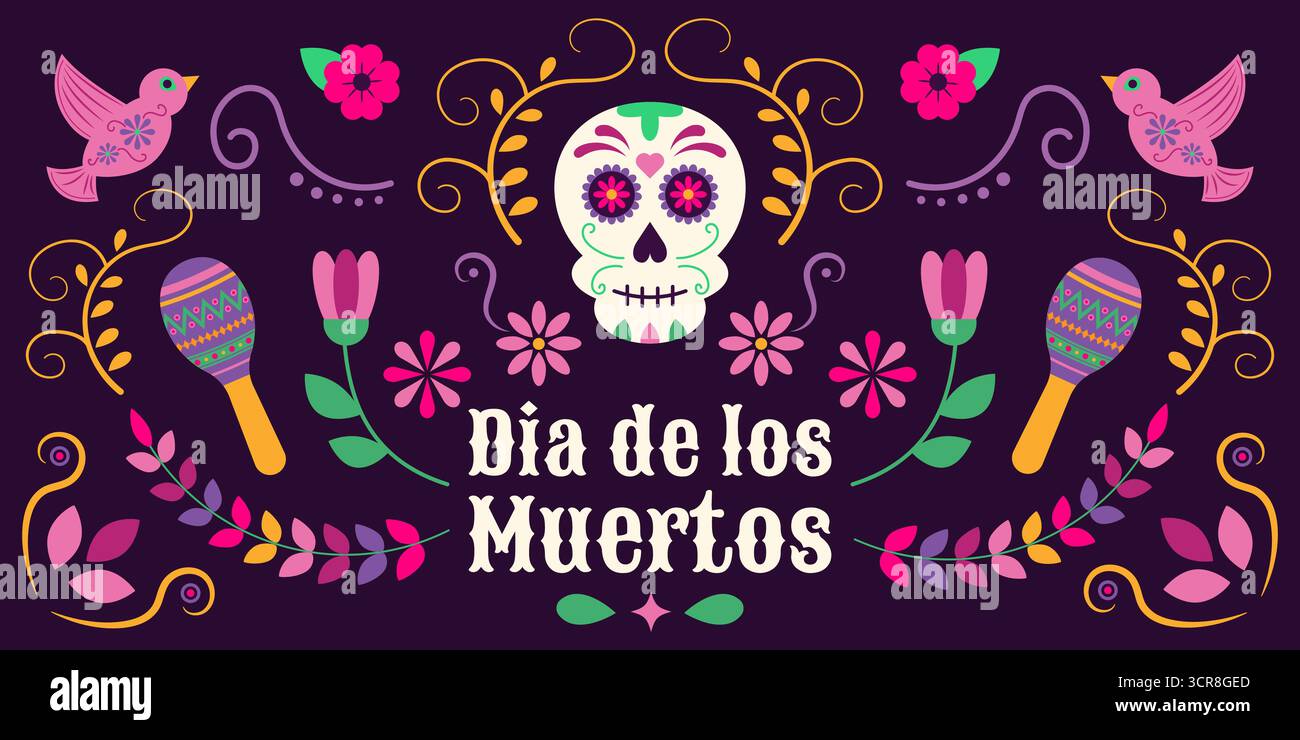 Affiche vectorielle mexicaine Dia de los Muertos avec crâne de sucre, fleurs et éléments d'art folklorique. Illustration de Vecteur